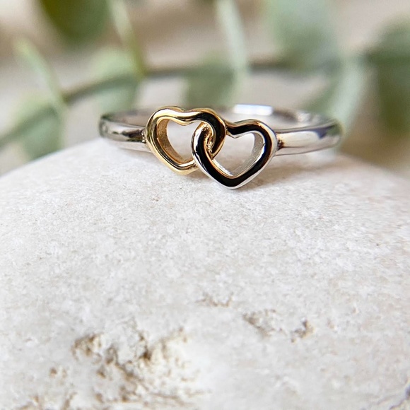 Dainty 925 Sterling Silver Double Heart Ring Two Tone Stacking Minimalist Ring - Picture 4 of 4